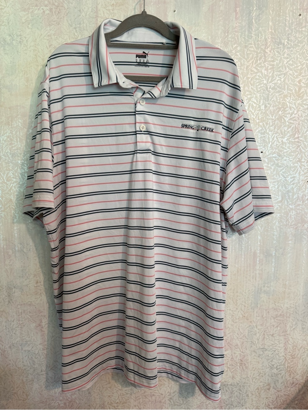 Puma Men’s Spring Creek Stripped White Polo with Navy and Pink Stripes, Sz XL